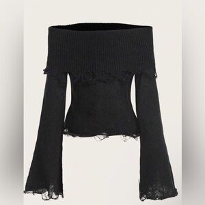 ROMWE Black Off Shoulder Sweater with Frayed Hem